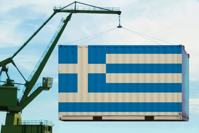 port crane lifting greek container, export visualization, source: Shutterstock