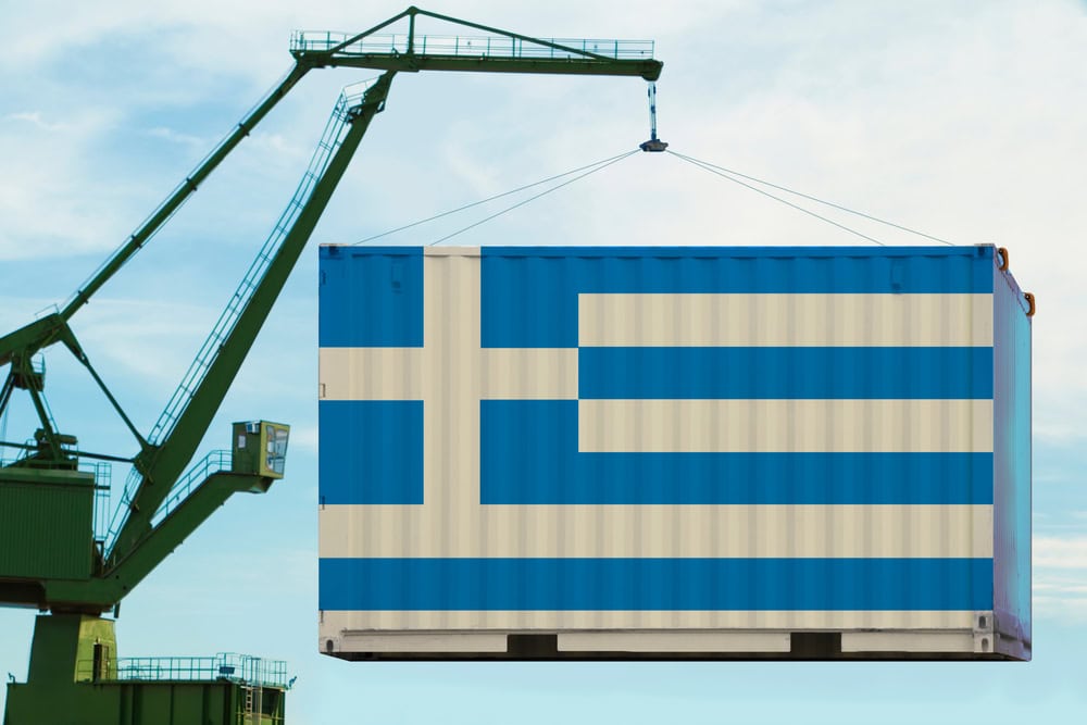 port crane lifting greek container, export visualization, source: Shutterstock