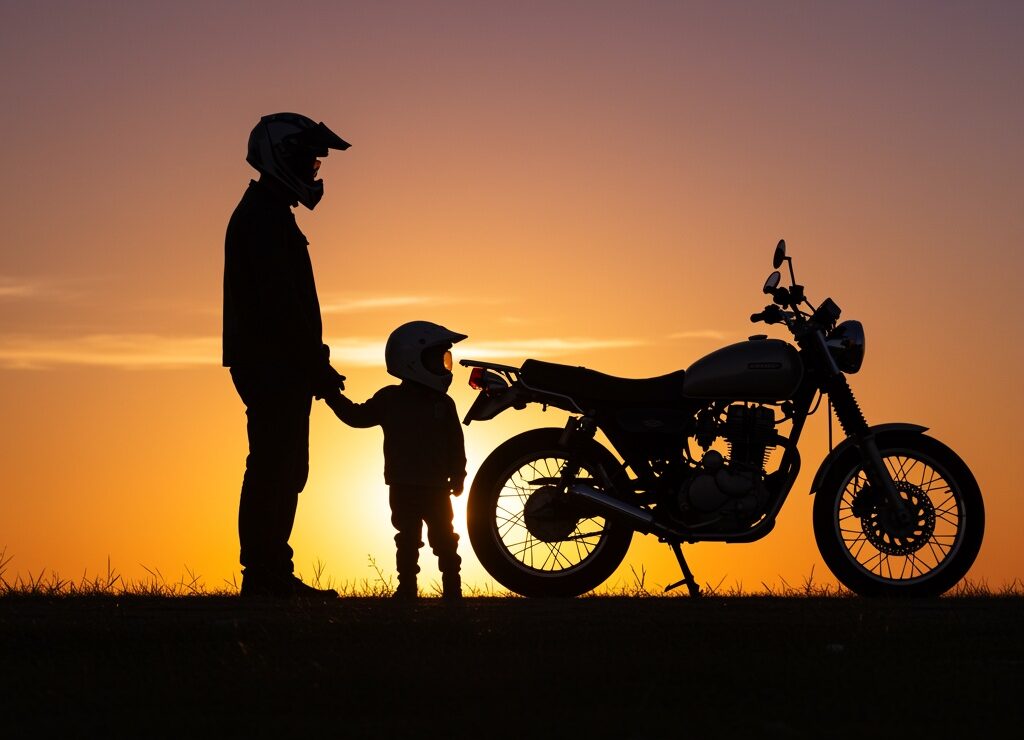 Sunset with motorcyclists, adult and child, wearing helmets, source: Shutterstock