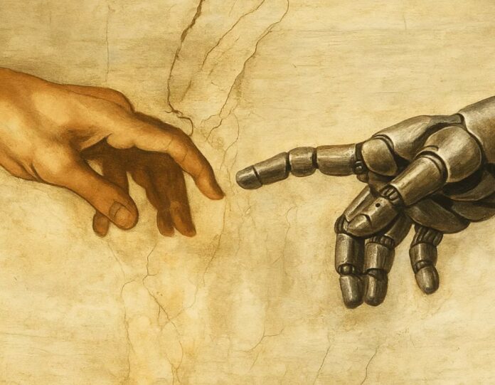 Human and AI interaction Michelangelo hands concept, source: AIVOLUTION Conference