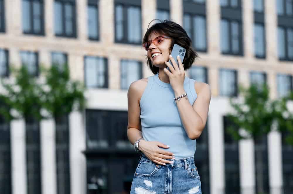 Woman talking on iPhone