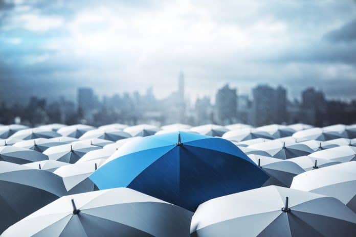Blue umbrella among grey umbrellas insurance concept, source: Shutterstock