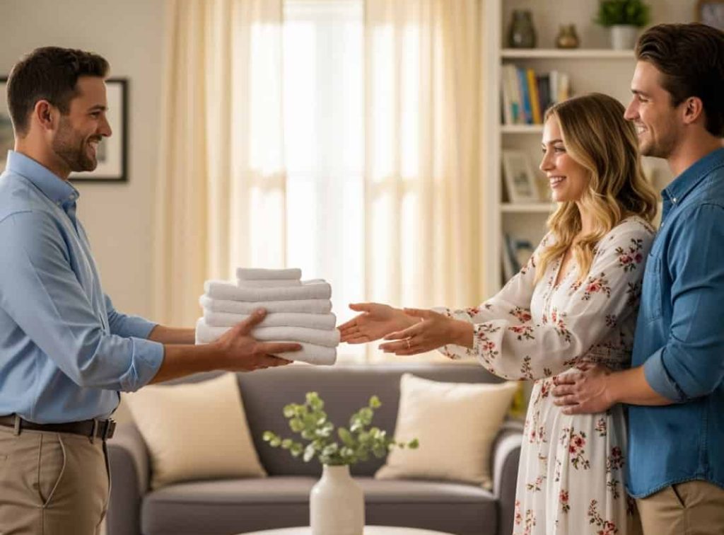 ERGO, εικόνα άρθρου για βραχυχρόνια μίσθωση, ιδιοκτήτης δίνει σεντόνια σε επισκέπτες