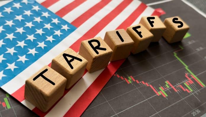 American tariffs concept with flag, source: Shutterstock