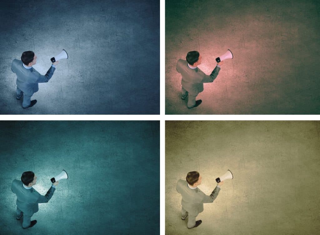 Man with bullhorn in the dark, pop art collage with Shutterstock image