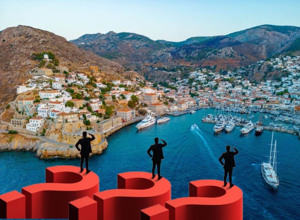 Hydra island and insurers on questionmarks, composition with images from Shutterstock