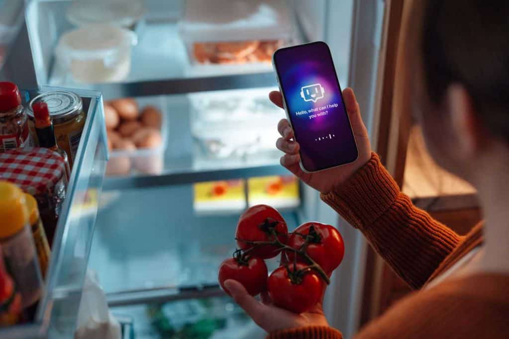 EY, AI report cover image, woman with smartphone and tomatoes standing at the fridge