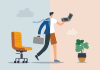 Hybrid workind illustration, employee half at office and half at home, source: Shutterstock