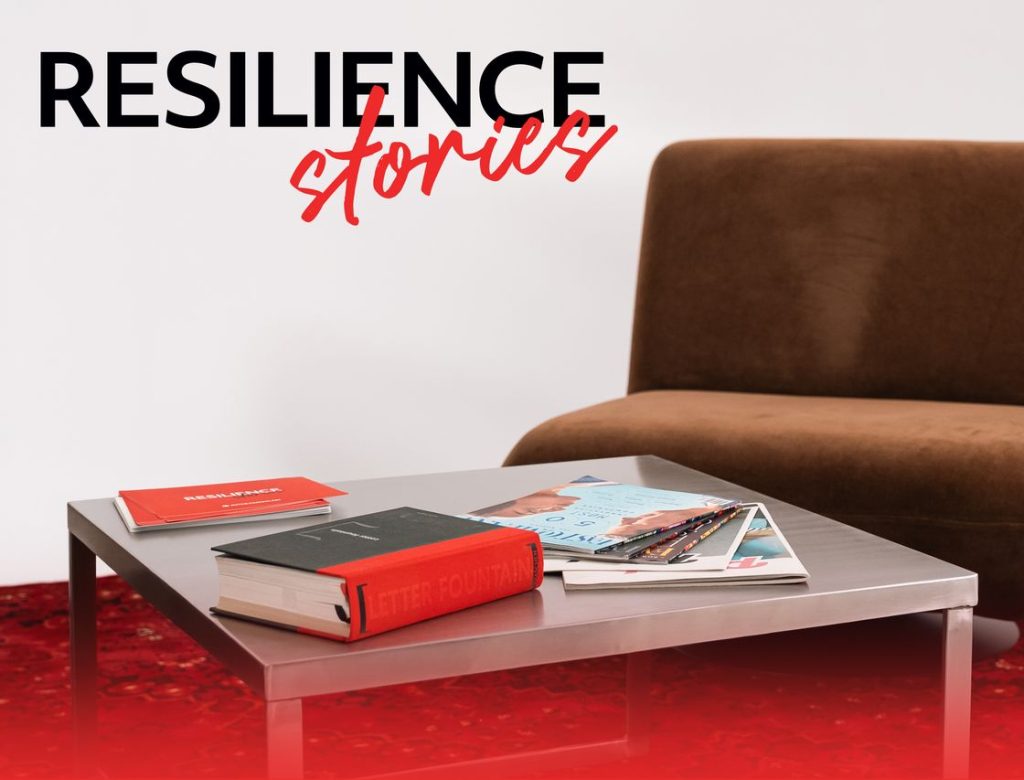 Interamerican, Resilience Stories vidcast cover, with armchair and table
