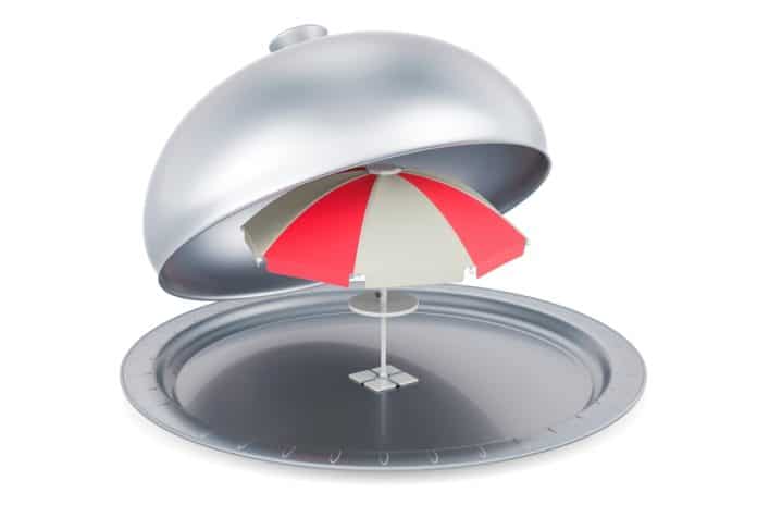 Restaurant,Cloche,With,Beach,Umbrella,,3d,Rendering,Isolated,On,White