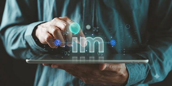 Insurancemarket AI concept, logo and man with tablet