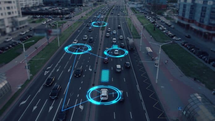 Visualization,Of,The,Interaction,Of,Self-driving,Autonomous,Vehicles.,Robotic,Cars automated / connected vehicles in traffic